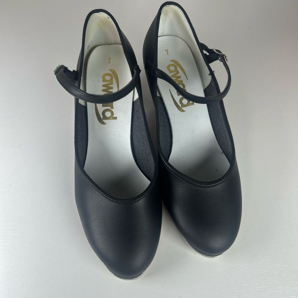 award Women's Teape Dance Size 7M Black High Heels Shoes Buckle USA Leather